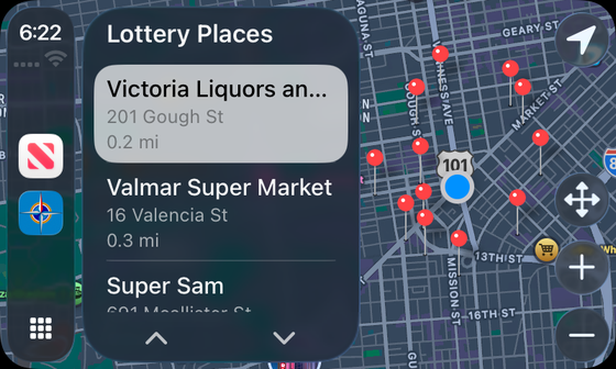 Lottery Places on a CarPlay dashboard screen