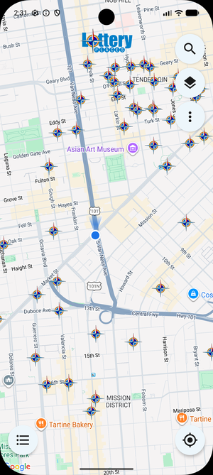 Map view with compass pins marking lottery retailers