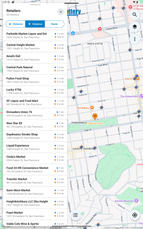 Tablet layout with the retailer list beside the map